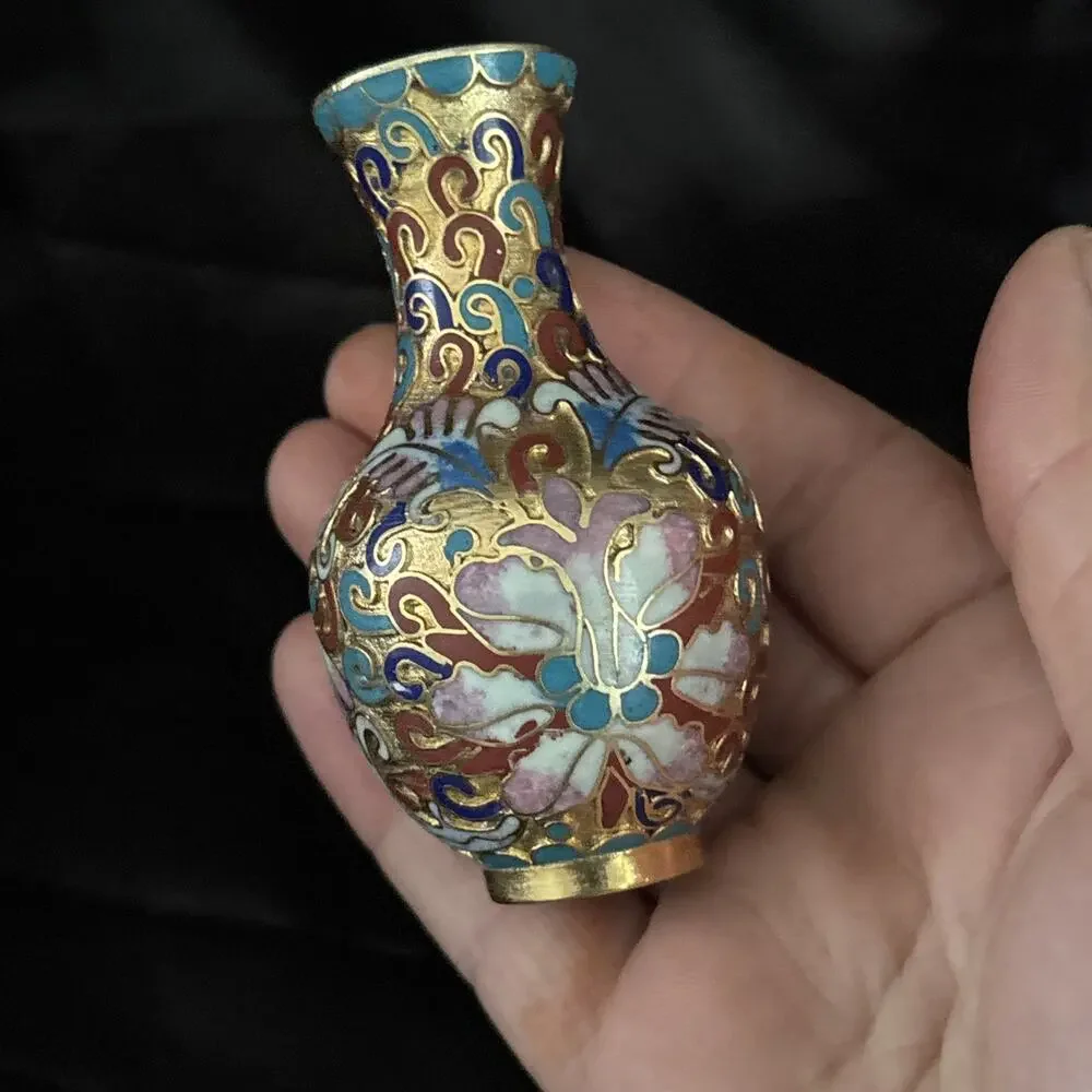 2 Vintage Cloisonné Vase Set Mini Vases Vibrant Blue Pink Gold Floral Design 3”